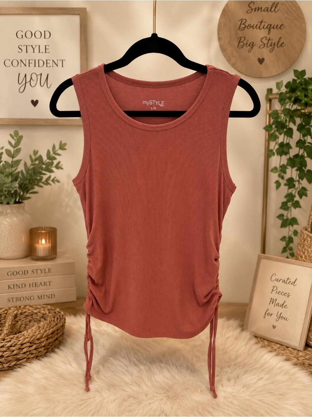Rust Ribbed Tank with Side Drawstring Detail